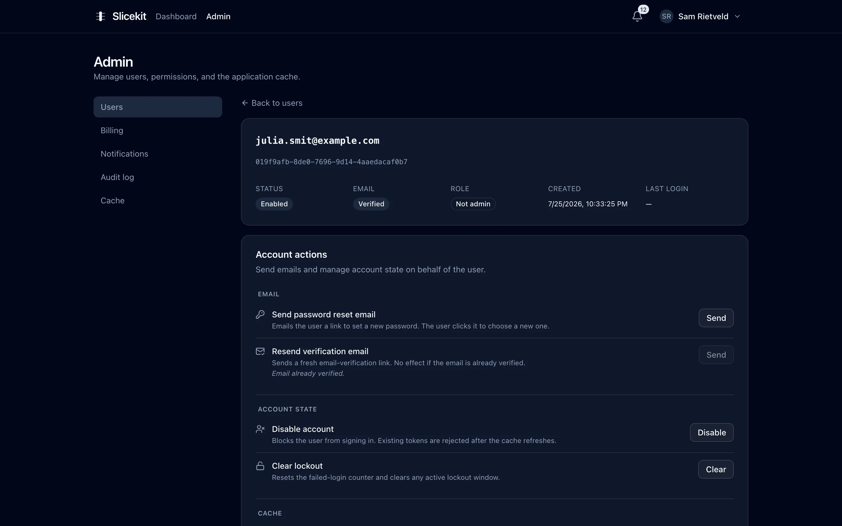 The HrKennisbank admin user detail page: profile, roles, sessions and audit history