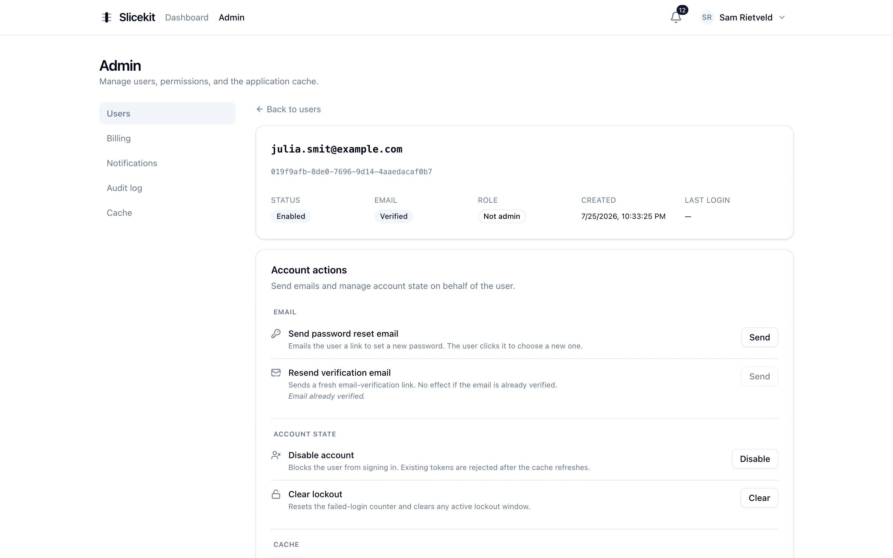 The HrKennisbank admin user detail page: profile, roles, sessions and audit history