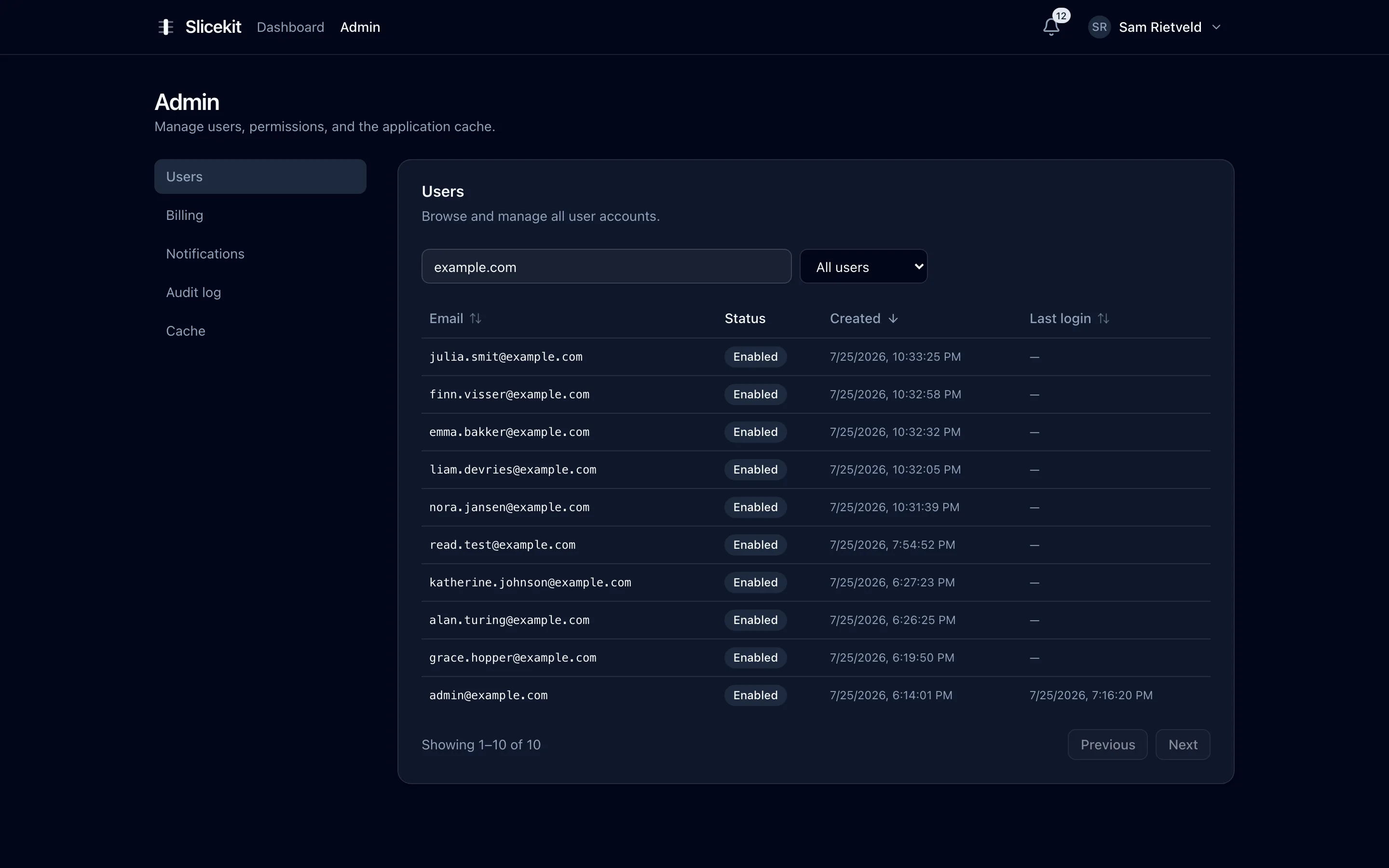 Admin user management table with sorting, pagination and account state