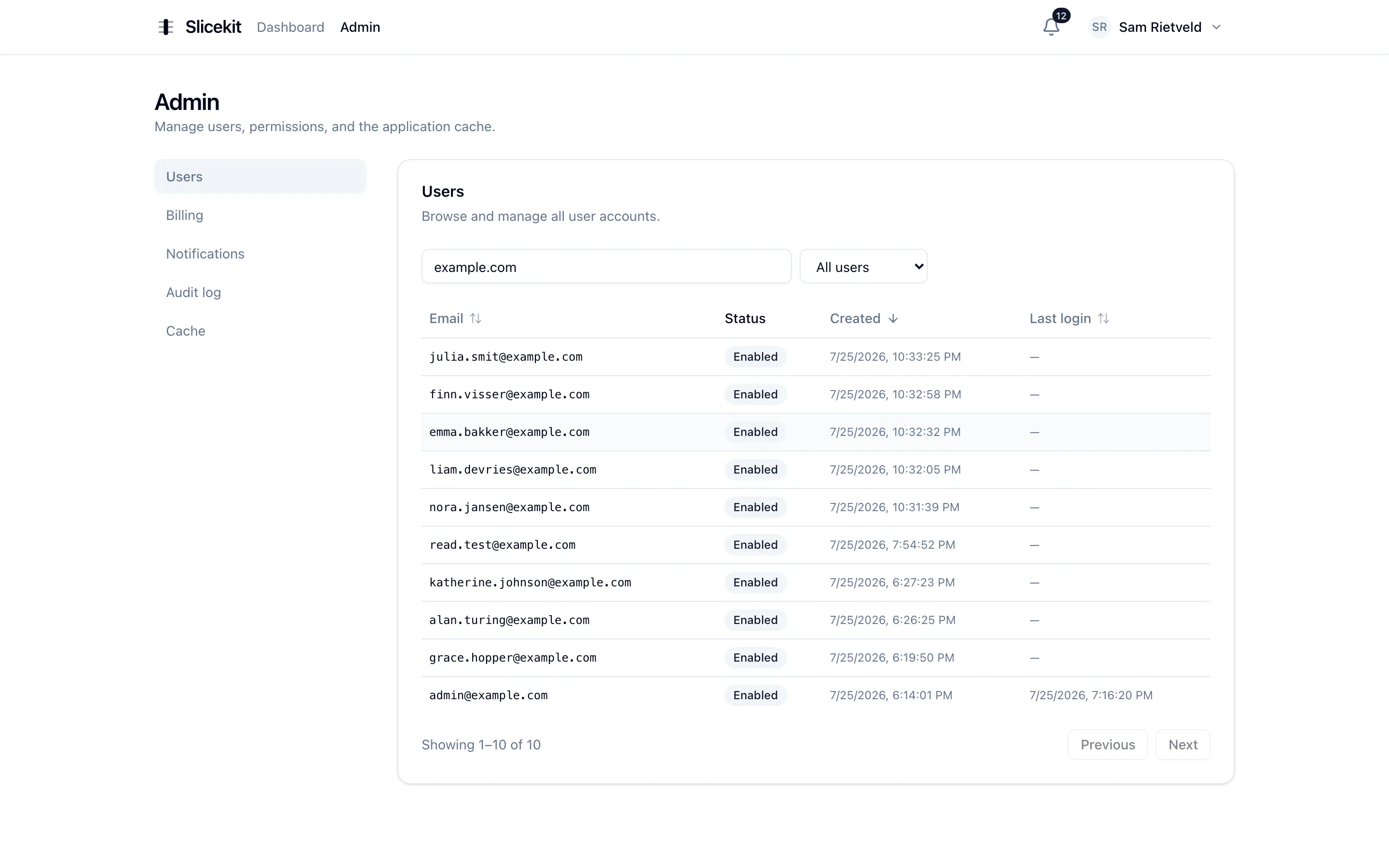 Admin user management table with sorting, pagination and account state