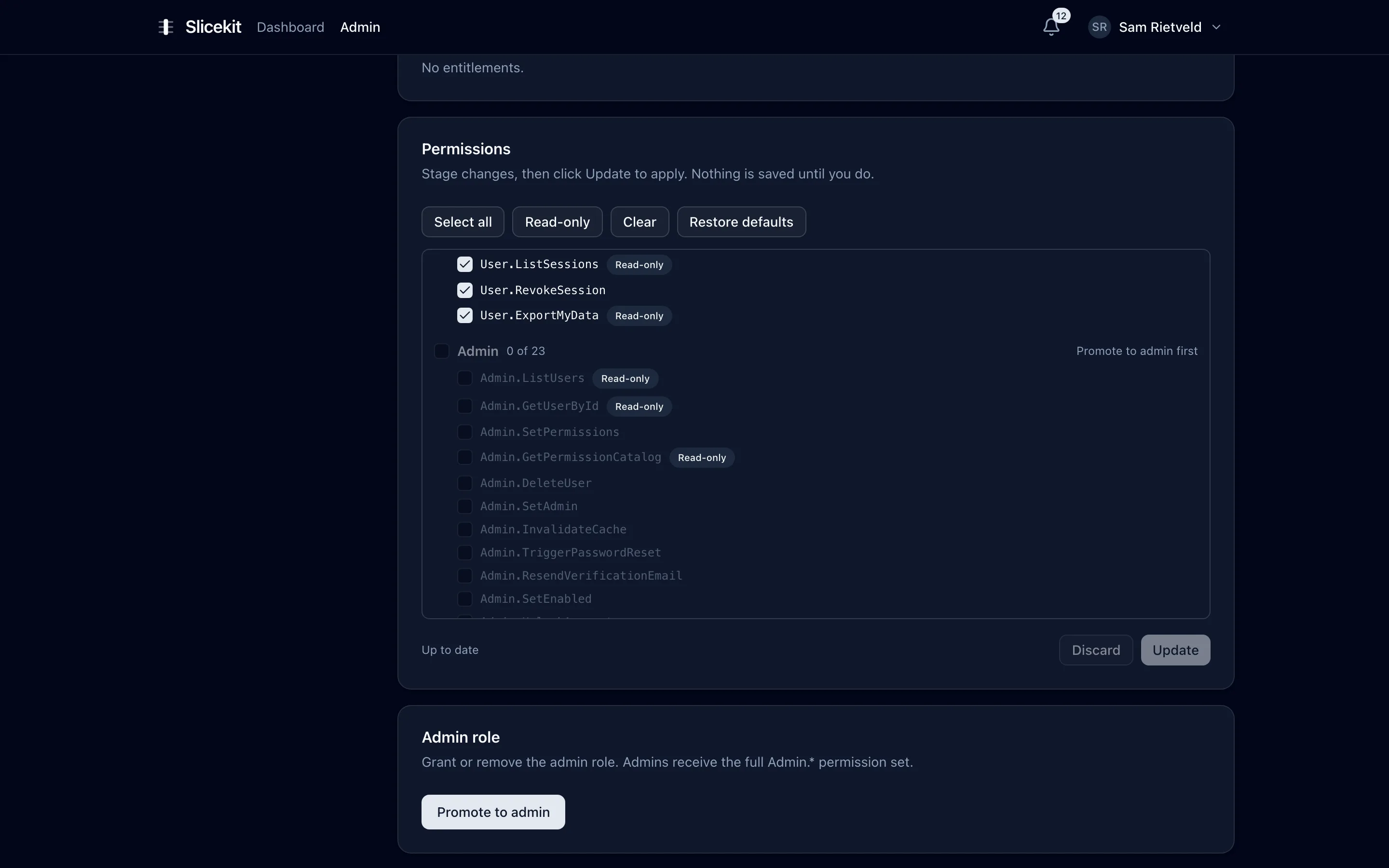 Granular permission catalog with per-permission grants, read-only flags and presets